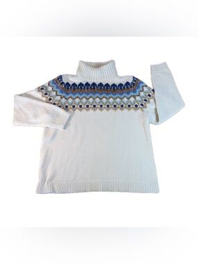 Lands' End Ski Fair Isle Turtleneck Cabin Sweater White & Blue Large Petite